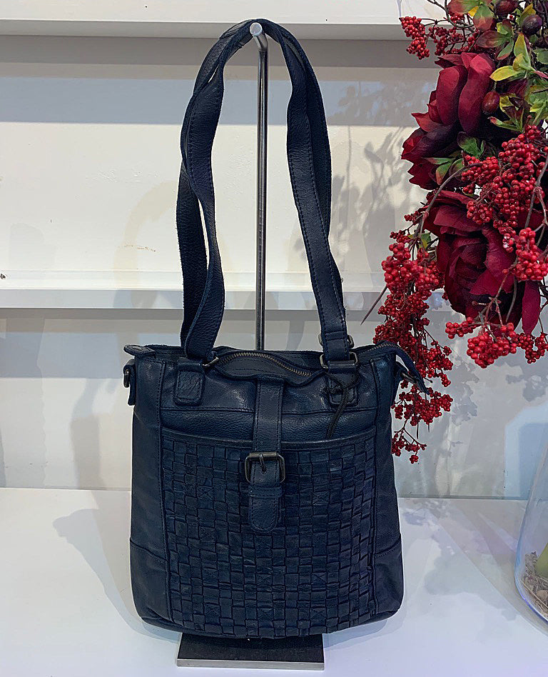 Droitwich Vintage Leather Woven Shoulder Bag - Navy
