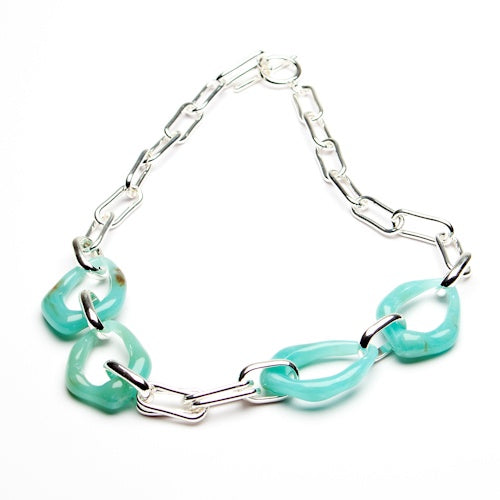 Chain and Resin Hoop Short Necklace - Silver & Turquoise