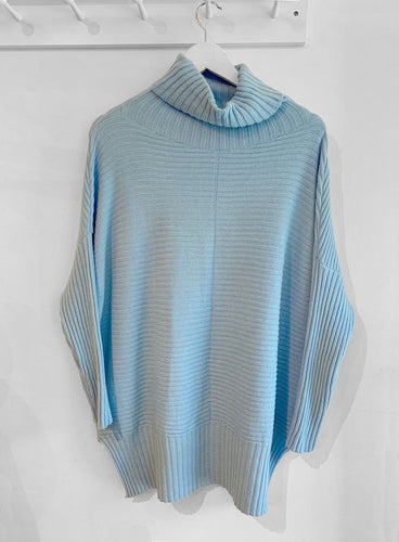 Eliza Ribbed Cowl Neck Jumper -Sky Blue