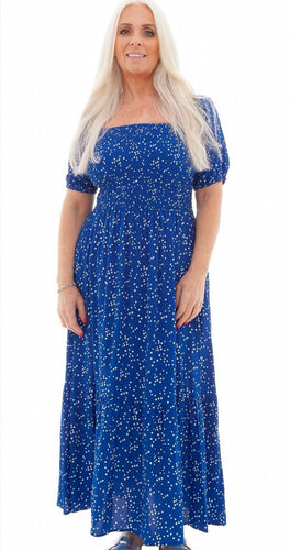 Evelyn Shirred Puff Sleeve Maxi Dress - Blue