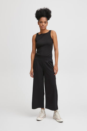 ICHI Kate Wide Legged Jersey Cropped Trousers - Black
