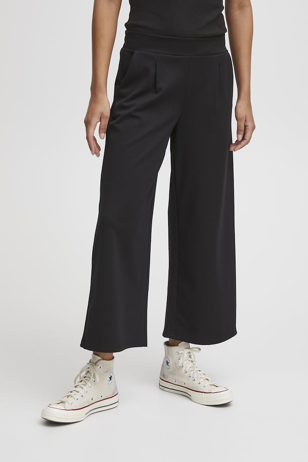 ICHI Kate Wide Legged Jersey Cropped Trousers - Black