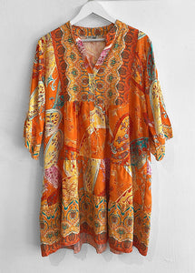 Marianne Paisley Print Short Smock Dress - Orange