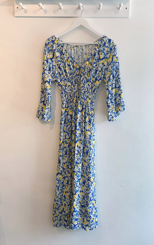 Miranda Ditsy Print Floral Shirred Maxi Dress - Royal Blue