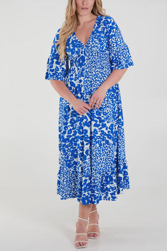 Eva Floral Print Shirred Waist Midi Dress - Royal Blue & White