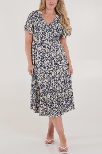 Rosie Floral Print Midi Dress - Navy & White