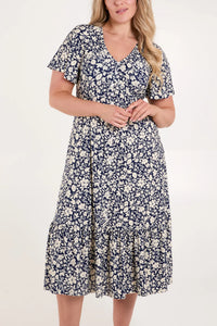 Rosie Floral Print Midi Dress - Navy & White