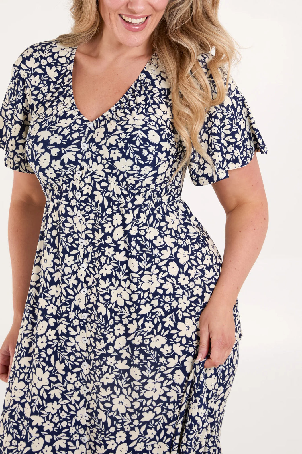 Rosie Floral Print Midi Dress - Navy & White