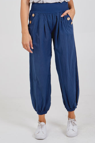 Selene Button Detail Cotton Harem Trousers - Navy