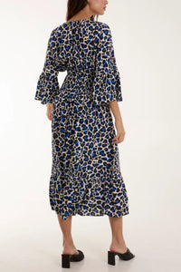 Alicia Leopard Print Shirred Maxi Dress - Royal Blue
