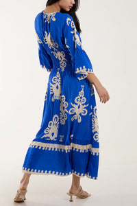 Ariana Baroque Print Shirred Maxi Dress - Royal Blue