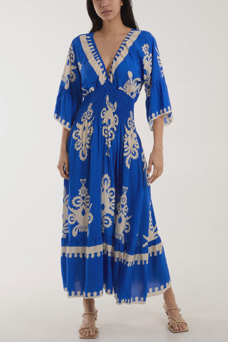 Ariana Baroque Print Shirred Maxi Dress - Royal Blue