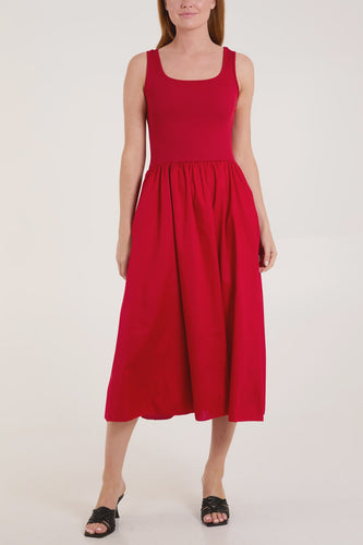 Clara Cotton Blend Sleeveless Midi Dress - Red