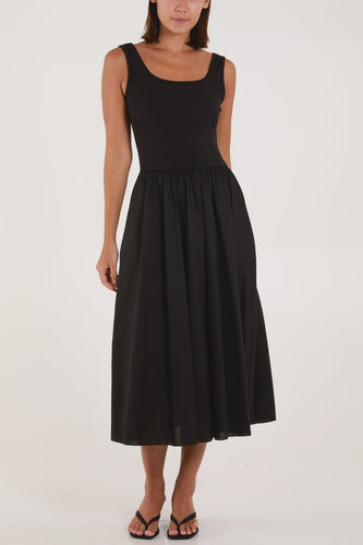 Clara Cotton Blend Sleeveless Midi Dress - Black