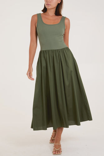Clara Cotton Blend Sleeveless Midi Dress - Khaki
