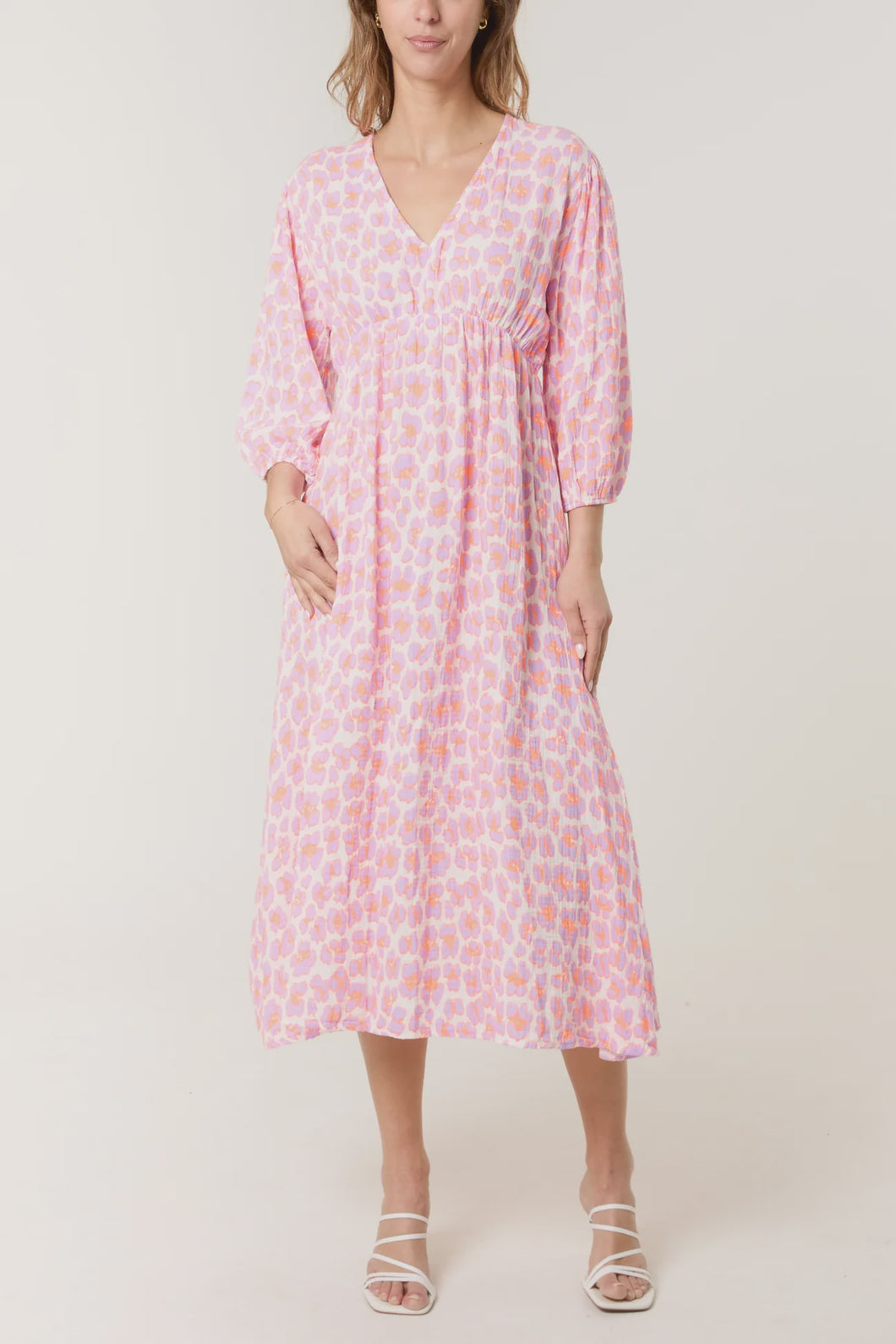 Aleks Cotton Cheesecloth Leopard Print Midi Dress - Lilac & Pink