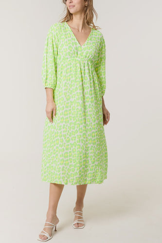 Aleks Cotton Cheesecloth Leopard Print Midi Dress - Lime & Yellow
