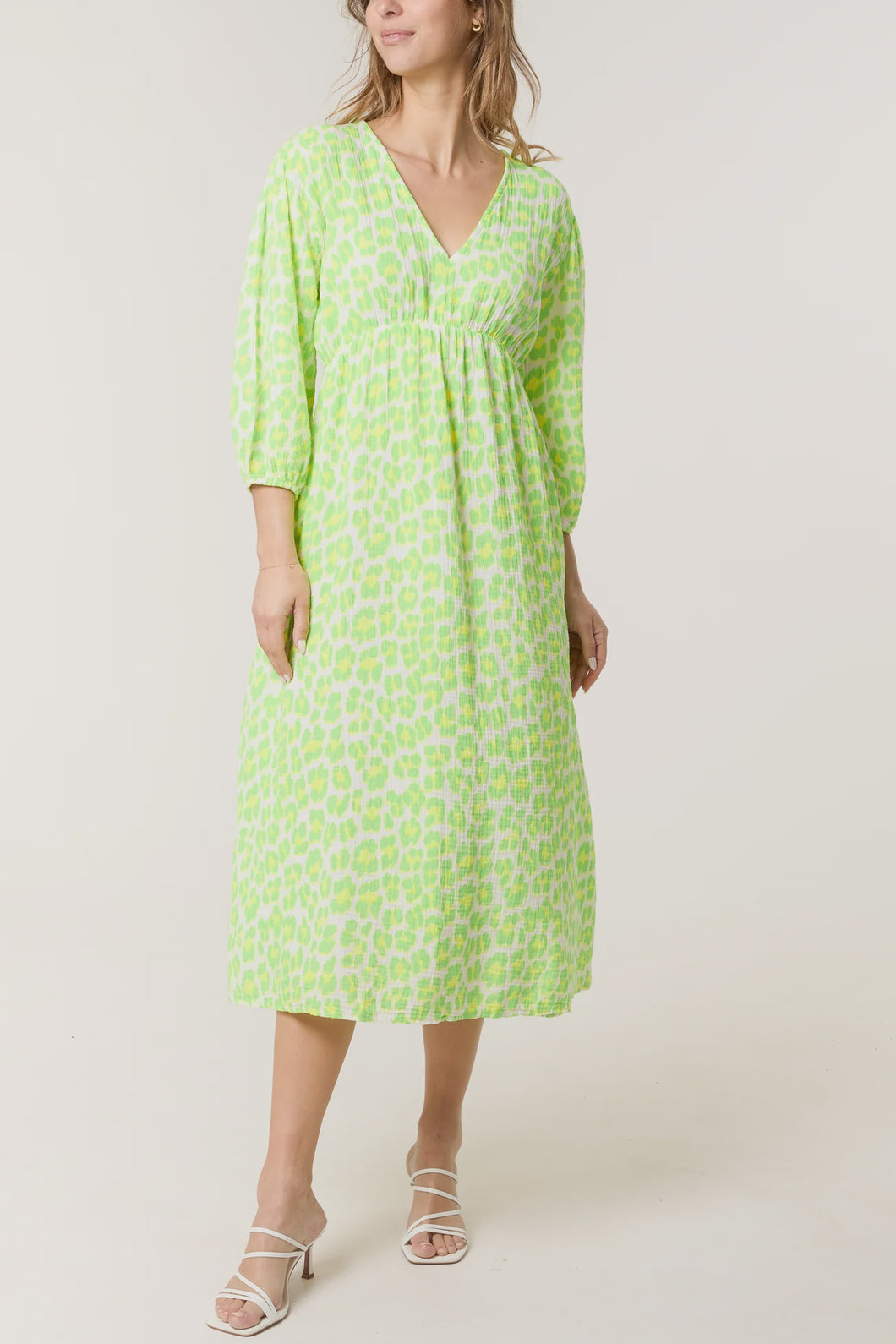 Aleks Cotton Cheesecloth Leopard Print Midi Dress - Lime & Yellow