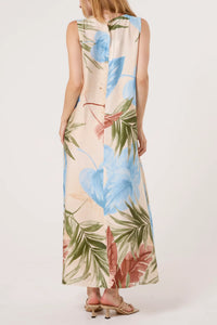 Sabrine Tropical Leaf Print Sleeveless Maxi Dress