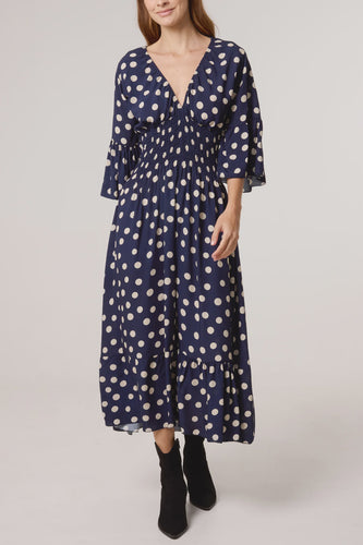 Andrea Polka Dot Print Shirred Maxi Dress - Navy