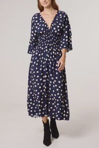 Andrea Polka Dot Print Shirred Maxi Dress - Navy