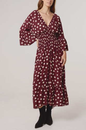 Andrea Polka Dot Print Shirred Maxi Dress - Burgundy