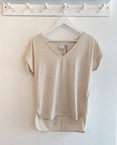 ICHI Rebel Metallic Detail V Neck Tee - Tapioca