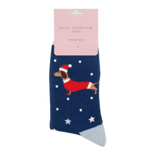 Load image into Gallery viewer, Miss Sparrow Festive Sausage Dogs Bamboo Socks - Navy