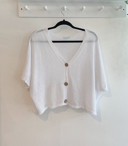 Sarah Cotton Blend Fine Knit Button Top - White