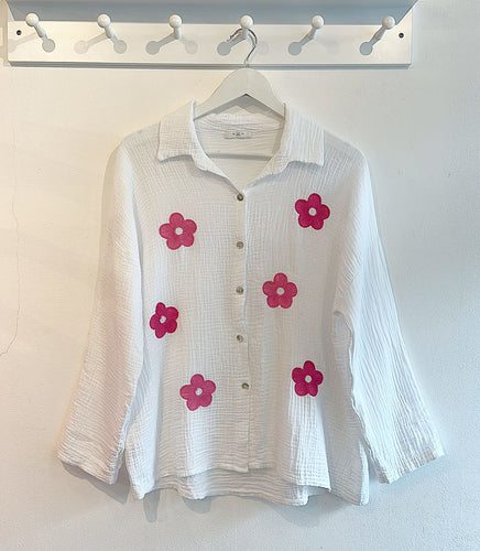 Sofia Embroidered Flower Cotton Cheesecloth Shirt - Fuchsia