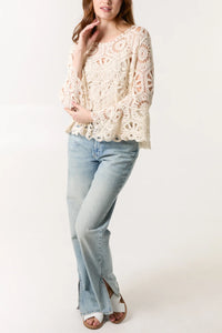 Aida Crochet Long Sleeve Cotton Top - Stone
