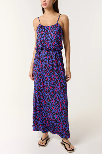 Sandrine Animal Print Maxi Sundress - Royal Blue & Neon Pink