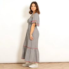 Load image into Gallery viewer, Angelica Shirred Wavy Trim Maxi Dress - Black &amp; White Gingham