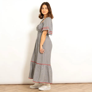 Angelica Shirred Wavy Trim Maxi Dress - Black & White Gingham