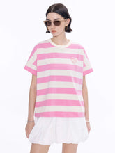 Load image into Gallery viewer, CUBIC Heart Slogan Striped Cotton Tee - Pink &amp; White
