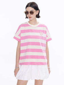 CUBIC Heart Slogan Striped Cotton Tee - Pink & White