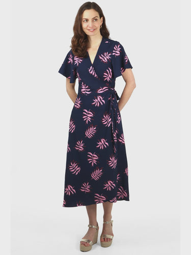 Sienna Palm Print Wrap Dress - Navy & Pink