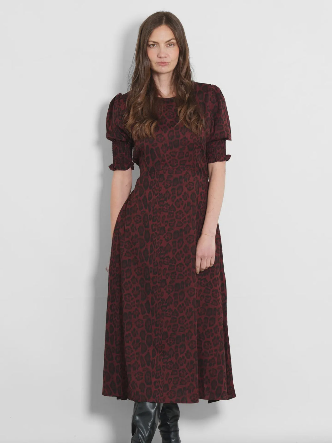 Hazel Animal Print Midi Dress - Burgundy Leopard