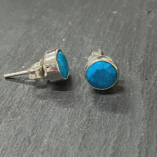 Round Faceted Turquoise Stone Stud Earrings - Sterling Silver