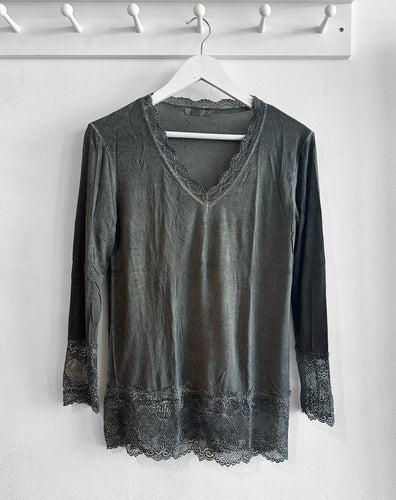 Cressida Long Sleeve Lace Detail Top - Charcoal