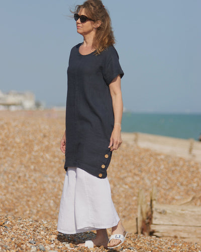 Caterina Coconut Button Linen Dress - Navy