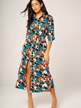 Load image into Gallery viewer, Aria Floral Print Midi Shirt Dress - Teal, Orange &amp; Black