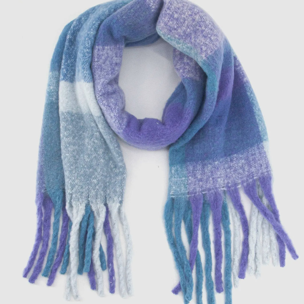 Allie Large Square Colour Block Blanket Scarf with Tassels - Blue & Purple