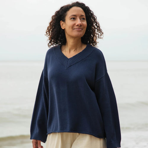 Rapanui Solent Knitted V Neck Jumper - Navy