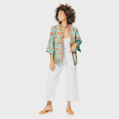Orphelia Paisley Print Short Kimono Jacket - Mint & Orange