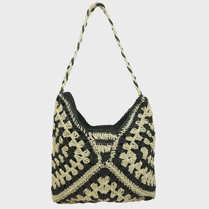 Madeleine Crochet Straw Shoulder Bag - Black
