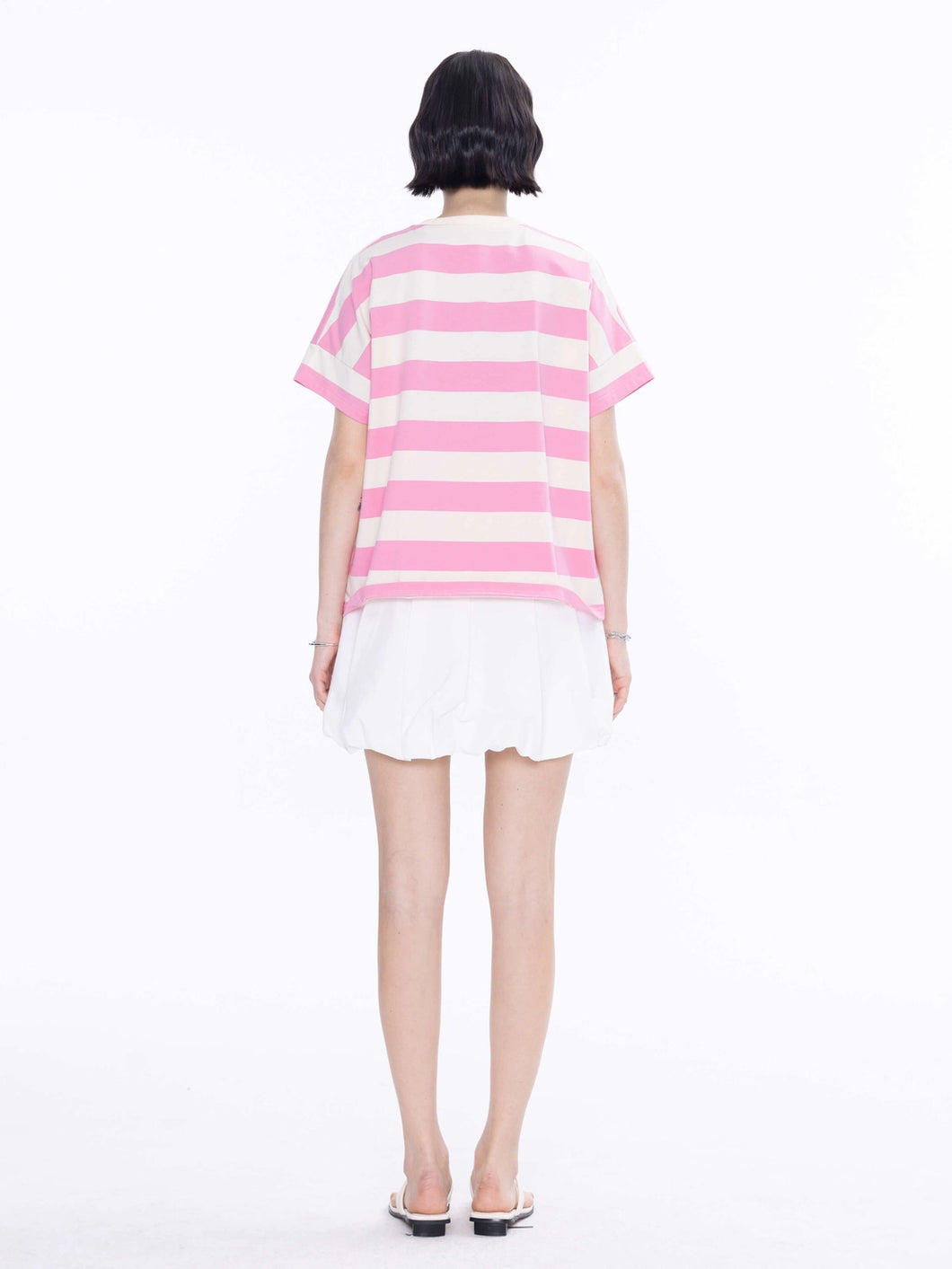 CUBIC Heart Slogan Striped Cotton Tee - Pink & White