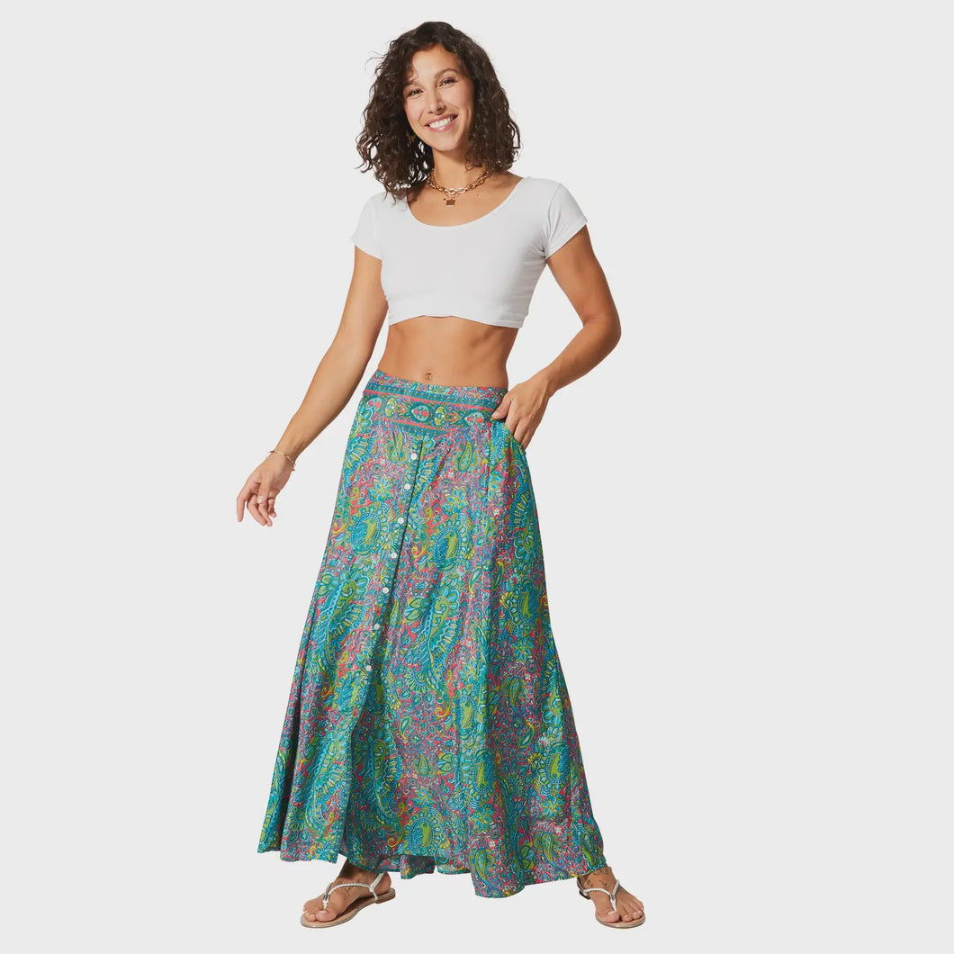 Gaia Paisley Print Long Button Skirt - Turquoise