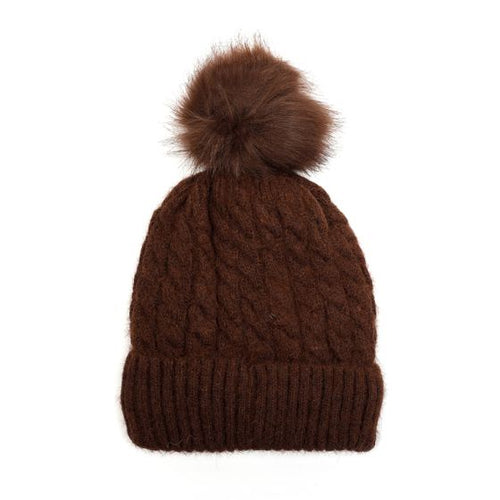Ana Cable Knit Faux Fur Bobble Hat - Caramel