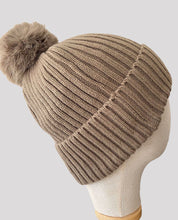 Load image into Gallery viewer, Wool Blend Ribbed Knit &amp; Faux Fur Pom Pom Beanie Hat - Camel